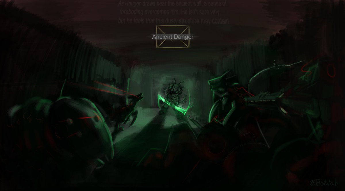 Fanart of our melee pawn Haugen the yttakin, who killed an entire mechanoid ancient danger by himself. He wore medieval plate armor, a powered exoskeleton, and a space helmet. We found out that a "Wraith blade" is ludicrously strong. Or maybe its just Haugen.

#RimWorld