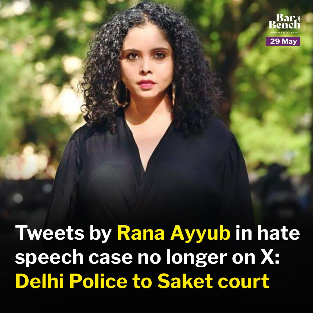 barandbench's tweet image. The Delhi Police has informed a Delhi court that tweets for which a case was registered against journalist Rana Ayyub are no longer available on the social media platform. 

An FIR was registered against Rana Ayyub for allegedly hurting Hindu sentiments for tweets on deities and…