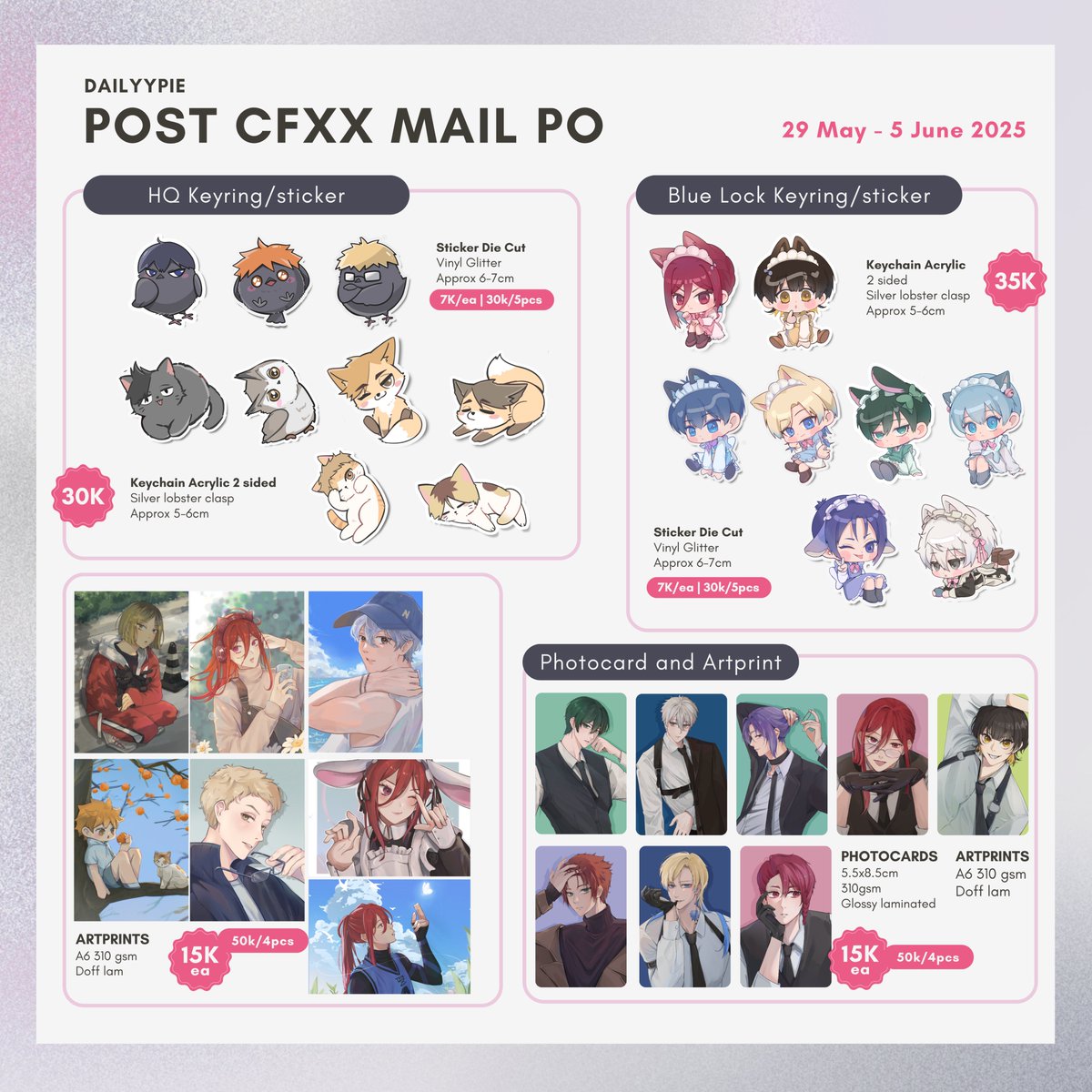 [ POST CFXX MAIL PRE-ORDER ]

✧ Period: 29 May - 5 June, 2025 
✧ Link: forms.gle/cwka5RsH5nEBng…
✧ fandom: Blue Lock, Haikyuu  

#CF20catalogue #CFXXcatalogue #cf20catalogue 

likes and rt are appreciated <3