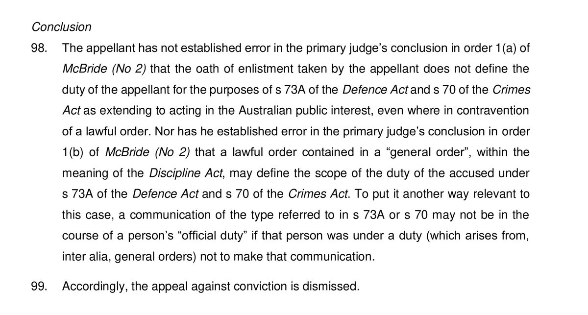 Campaign for David Mcbride (@mcbridecampaign) on Twitter photo McBride v The King appeal ruling
courts.act.gov.au/__data/assets/…
Translation: there are no public interest exceptions for not keeping the ADF's dirty secrets. #nuremberg does not apply in #auspol.
<a href="/MurdochCadell/">David McBride</a> #FreeMcBride #pardonmcbride McBride v The King appeal ruling
courts.act.gov.au/__data/assets/…
Translation: there are no public interest exceptions for not keeping the ADF's dirty secrets. #nuremberg does not apply in #auspol.
<a href="/MurdochCadell/">David McBride</a> #FreeMcBride #pardonmcbride