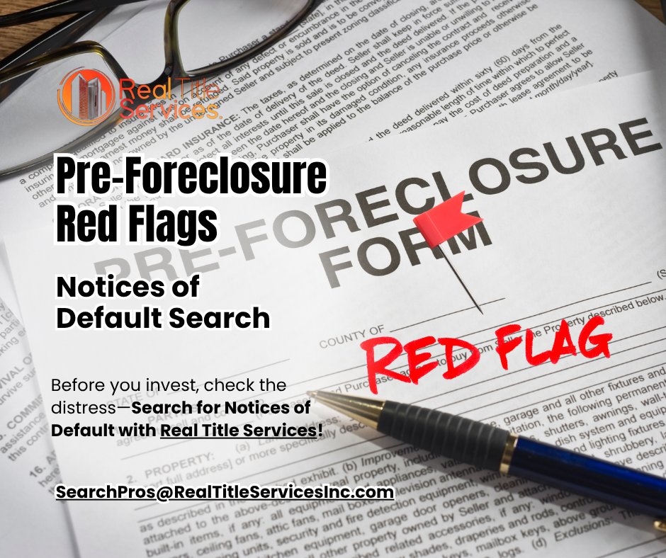 RealTitleServ's tweet image. 🚨 Investing in pre-foreclosure properties?

Don’t skip the Notice of Default Search—it's your early warning system!

Secure smart deals with help from Real Title Services.
📧 SearchPros@RealTitleServicesInc.com

#PreForeclosure #RealEstateTips #TitleSearch #ForeclosureAlert