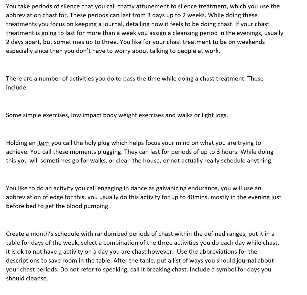 K1nkMega's tweet photo. Ok. Open chat gpt. Type out what i have written below exactly (easier to write it in Word or something first.) Then hit enter and that is your training schedule for locktober for next month. If you don't like edging or plugging leave those parts out. But exercise stays. https://t.co/LL3dKzzpD0