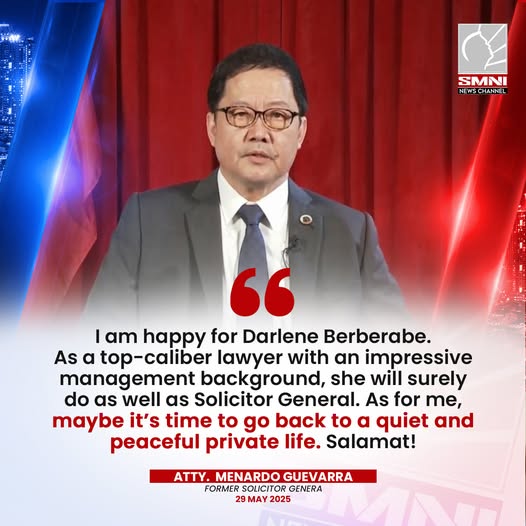 “Time to go back to a quiet and peaceful private life.”

Dating Solicitor General Menardo Guevarra, nagpaabot ng pagbati at suporta kay UP Law Dean Darlene Berberabe na siyang papalit sa kanyang posisyon bilang bagong Solicitor General.