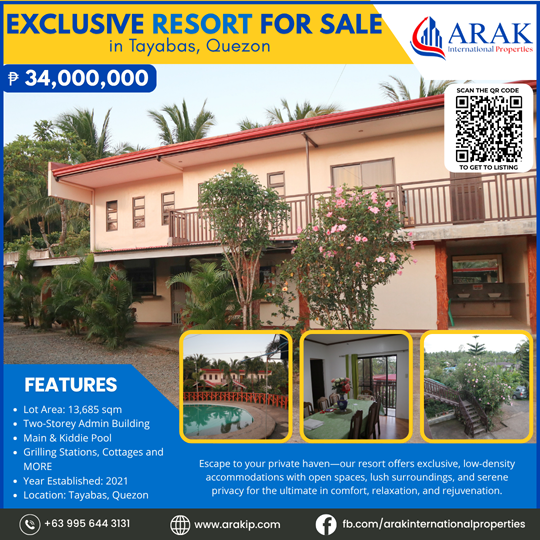 Arak_IP's tweet photo. 🌴 Resort For Sale – Tayabas, Quezon 📍 13,685 sqm | Pools, Cottages, Grilling Area 🏡 Built 2021 – Ideal for private estates or events biz 💰 ₱34M – Lush, low-density paradise 📲 DM us or scan QR to view listing! #ResortForSale #realestate #Philippines https://t.co/BUIjeYyu3B