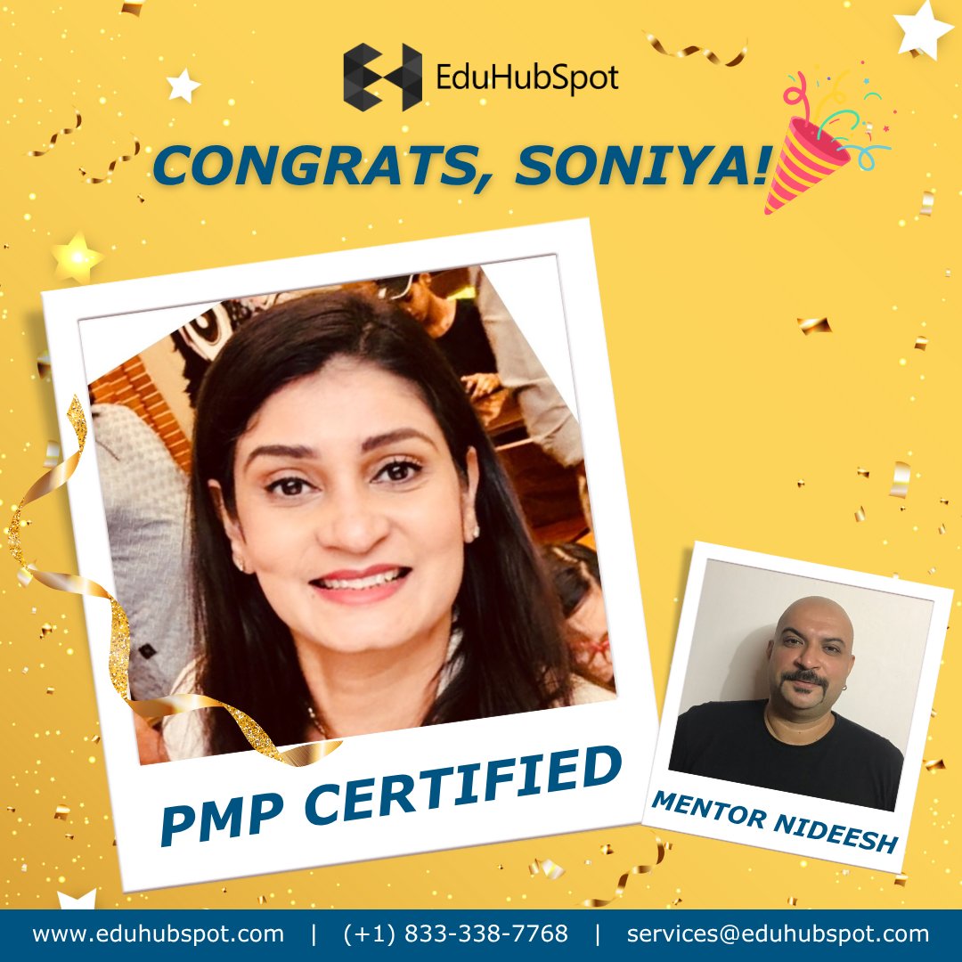 eduhubspot's tweet image. #SpotYourSuccess 🏆
 Congratulations on achieving your PMP Certification, Soniya Butani, PMP®! You have worked hard and it has paid off. Thank you for trusting us with your journey!
 
 Mentored by : Nideesh Balakrishnan
 
 eduhubspot.com
 
 #eduhubspot #pmpcertification