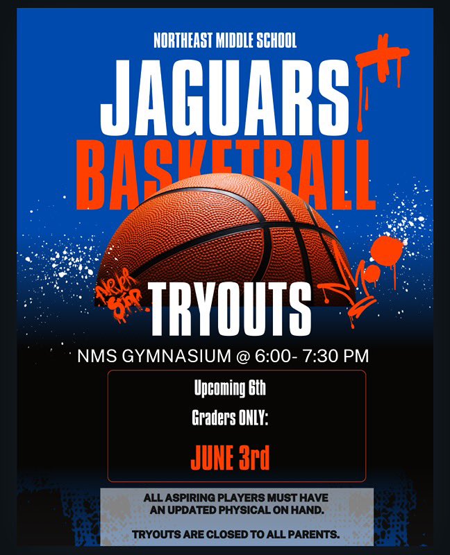 💙🧡🏀Rising 6th grade Boys Basketball tryouts coming up soon!! Tuesday, June 3rd from 6:00 to 7:30 in the NMS gym. Must have a completed physical to tryout!🏀🧡💙
#JMCSS
#begreaterthanbefore
#GoJags