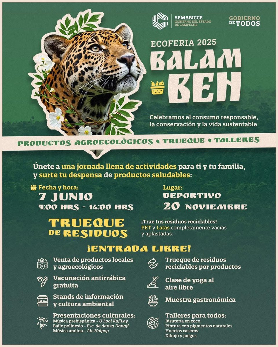 SEMABICCE's tweet photo. #EcoFeria Balam Beh🐆

Lleva tu sabucán para surtir tu despensa con productos saludables, ropa y calzado cómodo y muchas ganas de aprender para que disfrutes de todas las actividades y talleres que tendremos este 7 de junio, celebrando el Día Mundial del Medio Ambiente❤️ https://t.co/MJ6YisJAGg