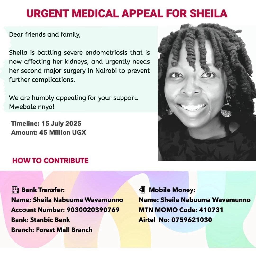 Sheila has raised Ugx 14,265,357, so far👏🏾🎉
We can help her get this surgery.

Please donate if you are able to,
and/or share the poster so that it can reach more people.

Contribute via:

Momo Code: 410731
Airtel number: 0759 621030
[Sheila Nabuuma Wavamunno]

Thank you 🧡