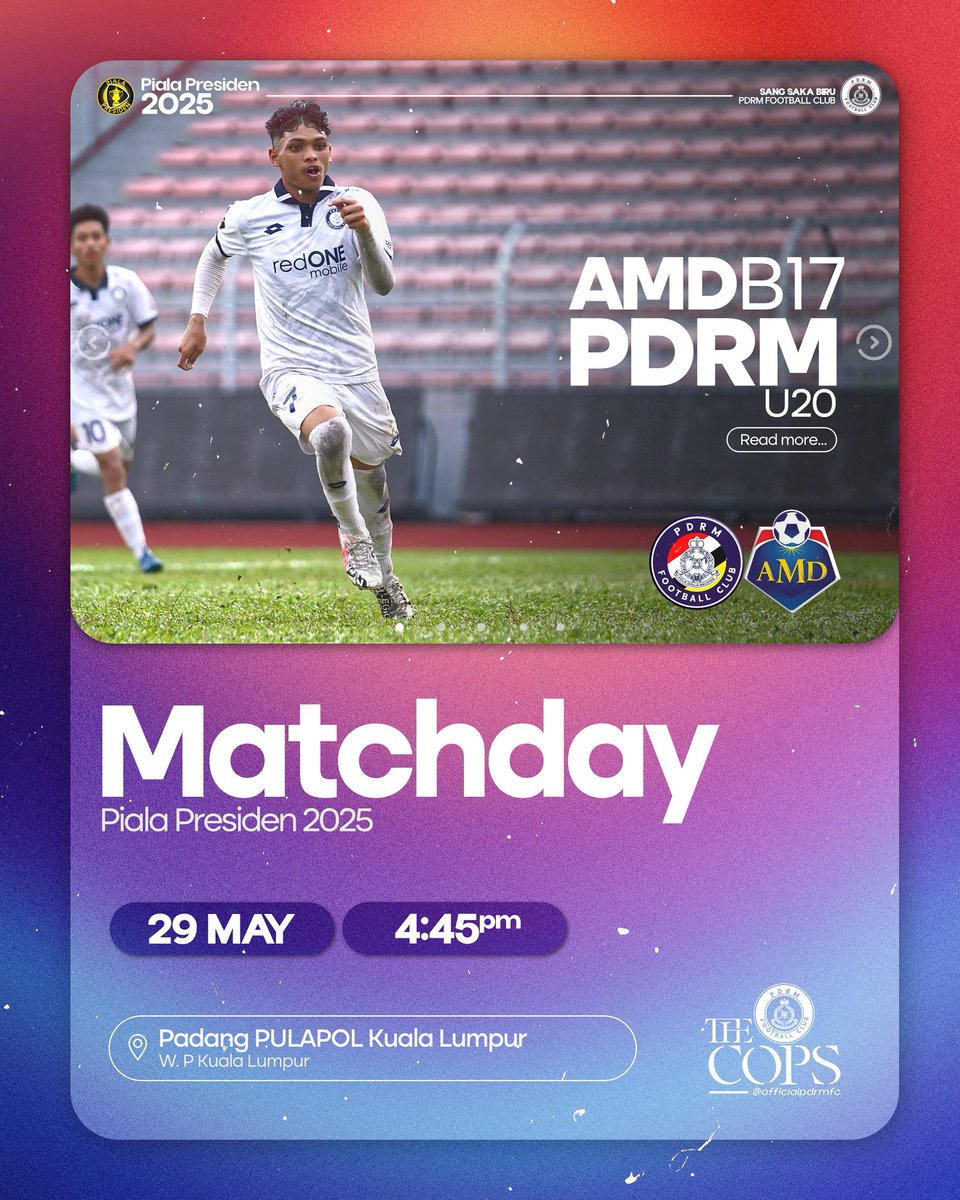 pdrmfcmy's tweet photo. ⚽️ | MATCHDAY in the #PialaPresiden2025 as the boys take on AMD B17 at PULAPOL Kuala Lumpur! Let’s do it our way — #UpTheCops! 🔵⚪️

#TheCops | #SangSakaBiru https://t.co/KD3NRYsqeZ