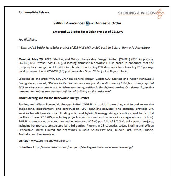 ravibhaumiriya's tweet photo. #SWSOLAR named L1 bidder for 225MW solar project.
#INOXWIND #SWSOLAR #GRAUWEIL #IDEA #VODAIDEA #SPICEJET #NYKAA #KPIGREEN #CDSL #BDL #MCX #BEML #CAMS #SUZLON #OLAELEC #BSE #SWIGGY #YESBANK #POLYCAB #KEIL #EPACK #BHEL #JSWENERGY #ETERNAL #GODREJCP #HAVELLS #DABUR #NESTLEIND #TATASTEEL #ASHOKLEY #ASTRAL #ATUL #HINDPETRO #HUDCO #KEI #RRKABEL #PIDILITIND #DRREDDY #NAVINFLUOR #OMINFRAL #JINDRILL #PROTEAN #IFBIND