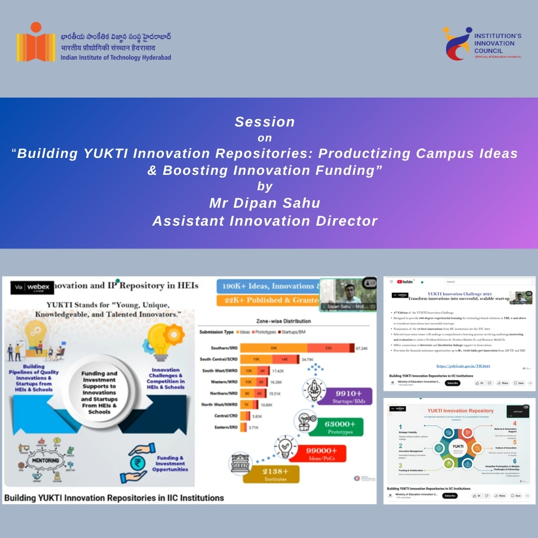 IIT Hyderabad (@iithyderabad) on Twitter photo IIC <a href="/IITHyderabad/">IIT Hyderabad</a> attended the session on "Building YUKTI Innovation Repositories: Productizing Campus Ideas & Boosting Innovation Funding" on 20th May 2025. The session focused on establishing YUKTI Innovation Repositories, an essential step in streamlining innovation support on IIC <a href="/IITHyderabad/">IIT Hyderabad</a> attended the session on "Building YUKTI Innovation Repositories: Productizing Campus Ideas & Boosting Innovation Funding" on 20th May 2025. The session focused on establishing YUKTI Innovation Repositories, an essential step in streamlining innovation support on