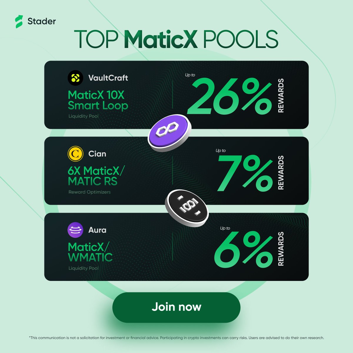 Stader Polygon (@stader_polygon) on Twitter photo Put your $MATIC to work with Stader 🚀
Explore powerful DeFi integrations with these $MaticX pools:
🔹 <a href="/VaultCraft_io/">VaultCraft</a>
🔹 <a href="/CIAN_protocol/">CIAN - Yield Layer of DeFi 🟡</a>
🔹 <a href="/AuraFinance/">Aura</a>
Mint $MaticX and activate your DeFi strategy today.
🔗staderlabs.com/polygon/stake Put your $MATIC to work with Stader 🚀
Explore powerful DeFi integrations with these $MaticX pools:
🔹 <a href="/VaultCraft_io/">VaultCraft</a>
🔹 <a href="/CIAN_protocol/">CIAN - Yield Layer of DeFi 🟡</a>
🔹 <a href="/AuraFinance/">Aura</a>
Mint $MaticX and activate your DeFi strategy today.
🔗staderlabs.com/polygon/stake