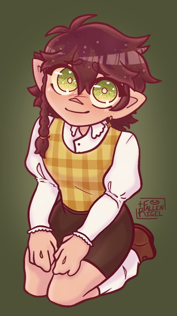 FallenRigel's tweet image. our guide npc from a d&amp;amp;d campaign my brother used to run! their name is milo diehl, a half-elven teenaged bard with the sweetest face you've ever seen!
or at least, that's what they're letting you believe. :)