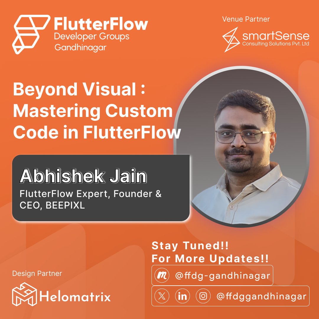 FFDGGandhinagar's tweet image. Go beyond the drag-and-drop. Custom code brings your ideas to life in FlutterFlow.
Join @_codewithabhi , founder of @BeePixl for:
"Beyond Visual: Mastering Custom Code in FlutterFlow"
🗓️31 May
📍@smartsense13
🎟️RSVP: tinyurl.com/ffdggnr4
#FFDGGandhinagar #FlutterFlow