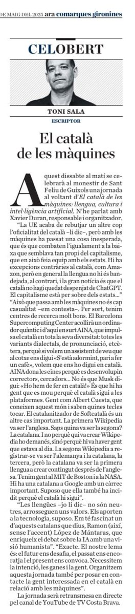 Carme Fenoll (@carmefenoll) on Twitter photo 📍Monestir de Sant Feliu de Guíxols. Dissabte 31/5
🤖 El català de les màquines: llengua, cultura i IA al centre del debat.
Amb @xavierduran, @AINA_project, @Softcatala, <a href="/albertcuesta/">Albert Cuesta Zaragosí</a> , dir. <a href="/eplantada/">Esteve Plantada</a>.
🎥 En directe: rsf.cat/sha-celebrat-l… Via <a href="/ToniiSala/">Toni Sala</a> <a href="/AraGirona/">ARA Girona</a> 📍Monestir de Sant Feliu de Guíxols. Dissabte 31/5
🤖 El català de les màquines: llengua, cultura i IA al centre del debat.
Amb @xavierduran, @AINA_project, @Softcatala, <a href="/albertcuesta/">Albert Cuesta Zaragosí</a> , dir. <a href="/eplantada/">Esteve Plantada</a>.
🎥 En directe: rsf.cat/sha-celebrat-l… Via <a href="/ToniiSala/">Toni Sala</a> <a href="/AraGirona/">ARA Girona</a>