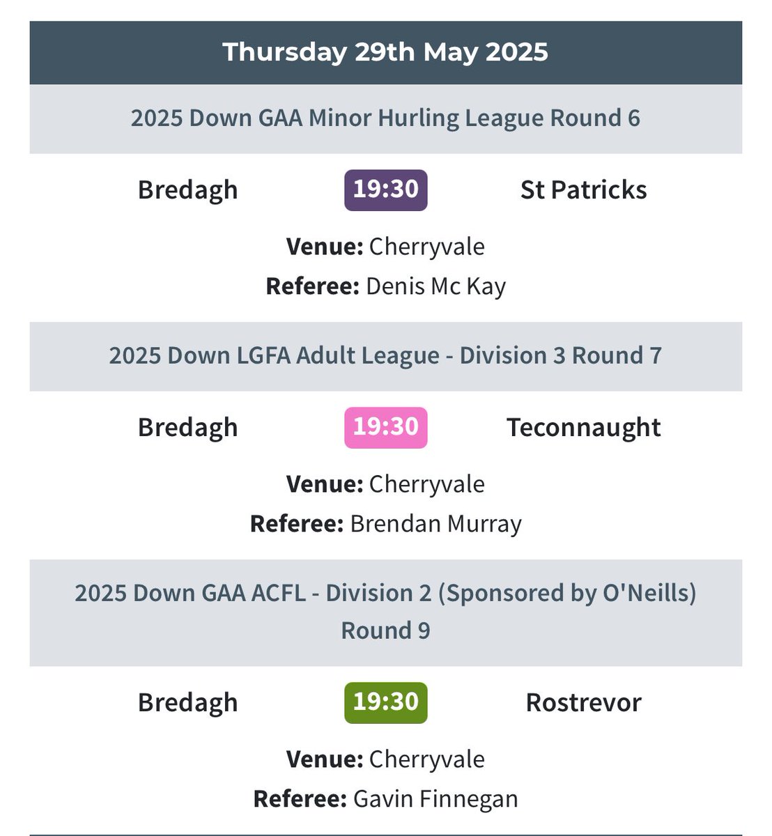 Fixtures 29th May 🏐⚾️

Lots of action this evening &amp; park will be busy.

Senior men’s game is £5 in.  Get your tickets here 

www2.klubfunder.com/Clubs/Bredagh_…