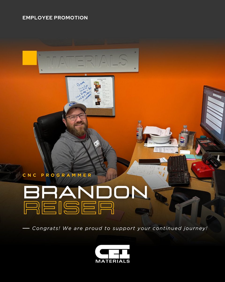 CEIMaterials's tweet image. 🎉 Employee Promotion Spotlight 🎉
Join us in congratulating Brandon Reiser on his well-earned promotion to CNC Programmer! We’re proud to support your continued journey! 💪
#TeamCEI #EmployeeSpotlight #CNCProgramming #PromotionCelebration #TheModernFabricator…