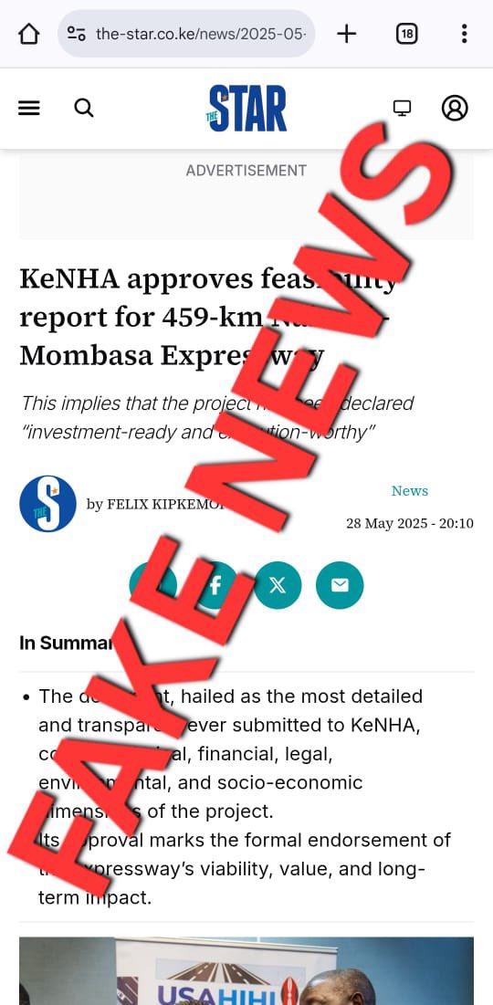 Completely false! Everstrong  ONLY announced delivery of the Usahihi feasibility study to KeNHA in line w/ PPP Act. We never stated or implied officially or informally that the Kenyan Govt approved this. We patiently await KeNHA’s evaluation of the project. Star should retract.