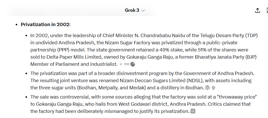 PVenkatGandhi's tweet photo. @SSsagarHyd #ConBJP is Proxy of #TDP in #Telangana history as old as #CBN being chief of #TDP @grok response to query of Nizam Sugar Factory sale to Gokaraju Ganga Raju 👇 https://t.co/j0ROLrbWFo