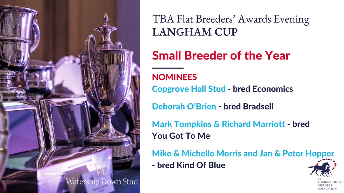 🏆TBA Flat Breeders’ Awards 🏆

Nominees announced for the Langham Cup for Small Breeder of the Year.

Get your ticket here 👉 ow.ly/UKCz50W0cr3

#awards #TBAEvents