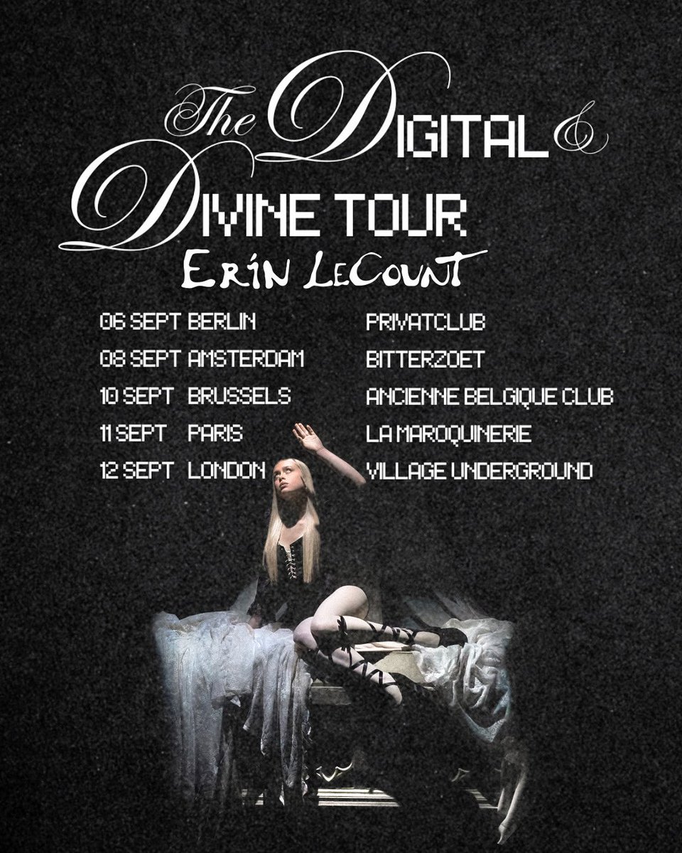 TaP Music (@tapmusic) on Twitter photo . <a href="/erinlecount/">erin lecount</a> has announced ‘The Digital & Divine Tour’, coming to Europe with a special London show in September 🪽
Sign up to presale here 🤍 drop.cobrand.com/d/ErinLeCount/… . <a href="/erinlecount/">erin lecount</a> has announced ‘The Digital & Divine Tour’, coming to Europe with a special London show in September 🪽
Sign up to presale here 🤍 drop.cobrand.com/d/ErinLeCount/…