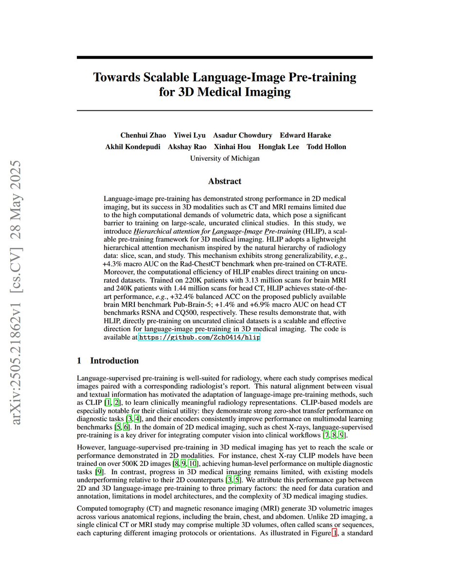 iScienceLuvr's tweet image. Towards Scalable Language-Image Pre-training for 3D Medical Imaging

"In this study, we introduce Hierarchical attention for Language-Image Pre-training (HLIP), a scalable pre-training framework for 3D medical imaging. HLIP adopts a lightweight hierarchical attention mechanism…