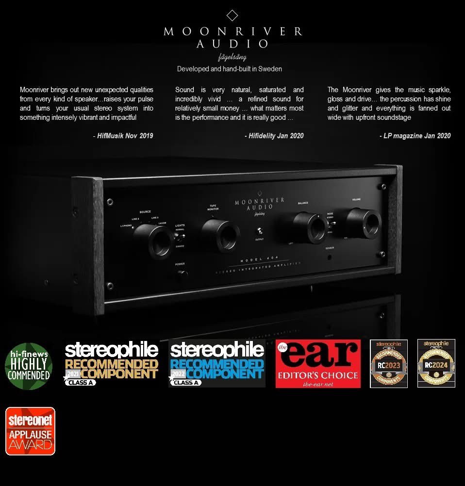 Moonriver 404 και 404 Reference. Μεσαια λαμπας, πριμα διαφανα, σκηνη τρισδιαστατη, χαμηλο γρανιτενιο!
Οδηγησιμοτητα εξωπραγματικη (ακουστε τον με B&amp;W 803D4)

Οτι καλυτερο εχει κατασκευαστει σε ενισχυτη μεχρι και τα διπλα χρηματα. Με 3490€ και 4950€.
Επεκτασιμοι με ενθετα