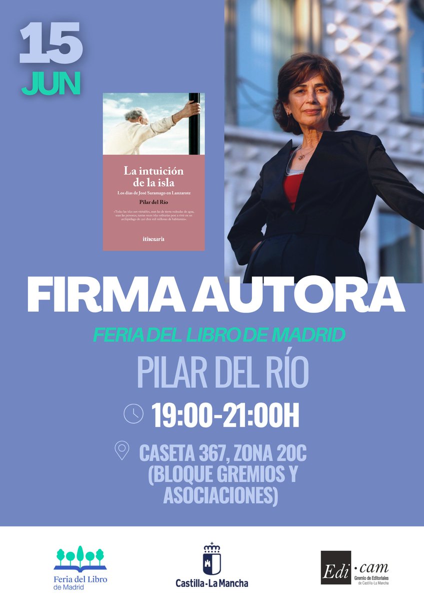 📚✨ ¡Buenas noticias!

Pilar del Río, <a href="/delRioPilar/">Pilar del Río</a>, presidenta de la Fundación José Saramago, firmará ejemplares de su libro «La intuición de la isla. Los días de José Saramago en Lanzarote» en la Feria del Libro de Madrid <a href="/FLMadrid/">Feria del Libro de Madrid</a> 
📅 15 de junio
🕖 De 19 a 21
📍 Caseta 367