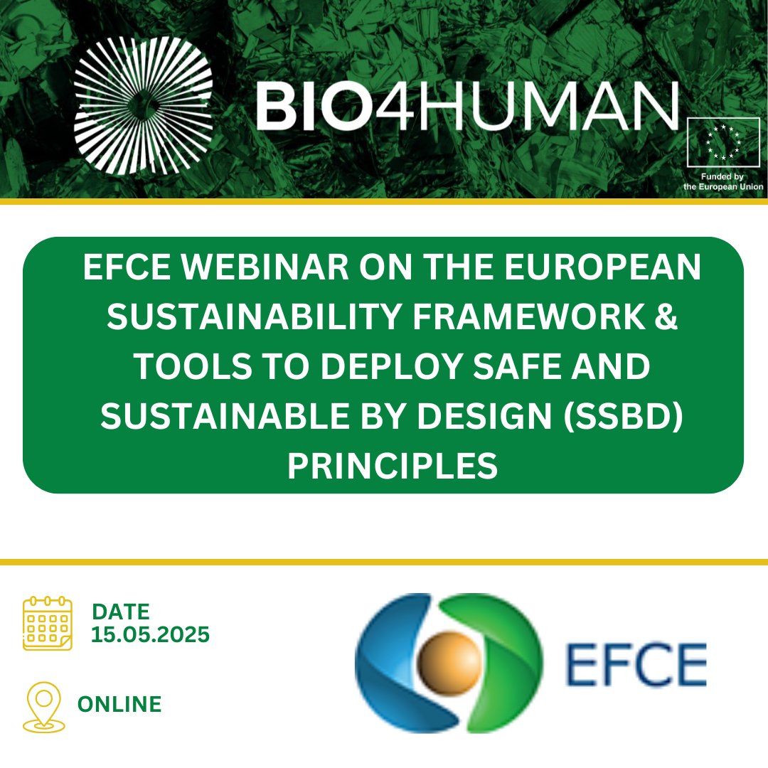 bio_4_human's tweet image. 🌱 @unican joined EFCE Spotlight Talks on Safe & Sustainable by Design (SSbD) 🌍
Insights on design principles, hazard assessment & sustainability tools will support Bio4HUMAN’s work in bio-based solid waste solutions.
#Bio4HUMAN #SSbD #HorizonEurope