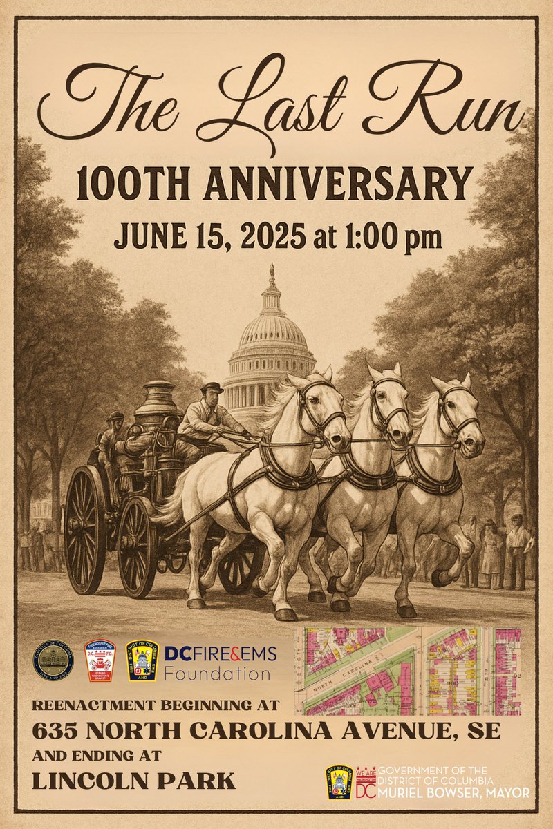 Anthony Kelleher (@dcfdkelleher) on Twitter photo On June 15, 2025, 1:00pm, the <a href="/dcfireems/">DC Fire and EMS Department</a> in conjunction w/ <a href="/FFADC/">Friendship Fire Assn</a> and <a href="/dcfireemsfound/">@dcfireemsfoundation</a> will reenact The Last Run of the #DC fire horses to celebrate the 100th anniversary of the original Last Run. The ceremony will take place along the same #CapitolHillDC route as it did in 1925. On June 15, 2025, 1:00pm, the <a href="/dcfireems/">DC Fire and EMS Department</a> in conjunction w/ <a href="/FFADC/">Friendship Fire Assn</a> and <a href="/dcfireemsfound/">@dcfireemsfoundation</a> will reenact The Last Run of the #DC fire horses to celebrate the 100th anniversary of the original Last Run. The ceremony will take place along the same #CapitolHillDC route as it did in 1925.