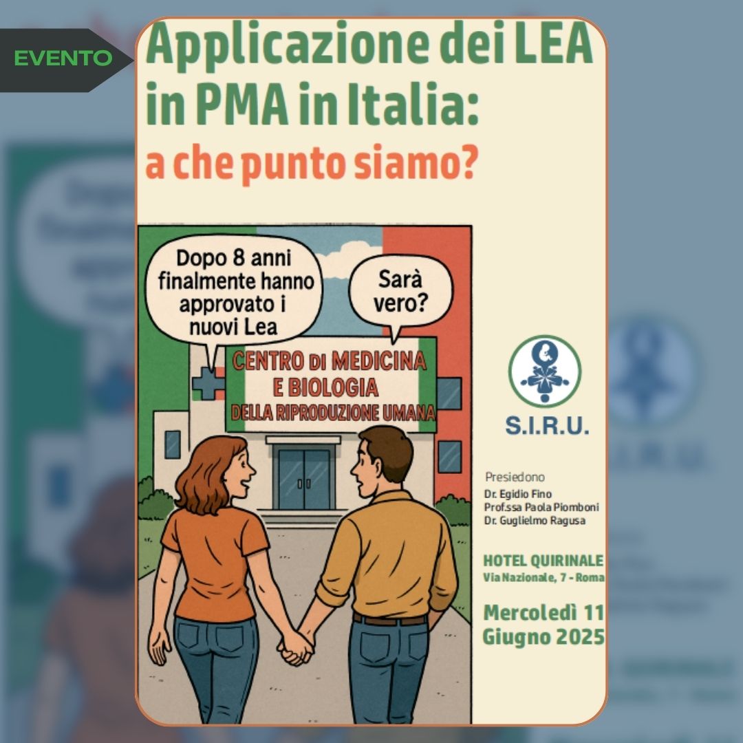 📢Evento SIRU 11 giugno "Applicazione dei LEA in PMA in Italia: a che punto siamo?", un importante incontro per fare il punto sui Nuovi LEA. 
‼️L' evento potrà essere seguito in diretta iscrivendosi al Link bit.ly/43n7dBm
ℹ️Per programma bit.ly/3Fv81Ld
#siru