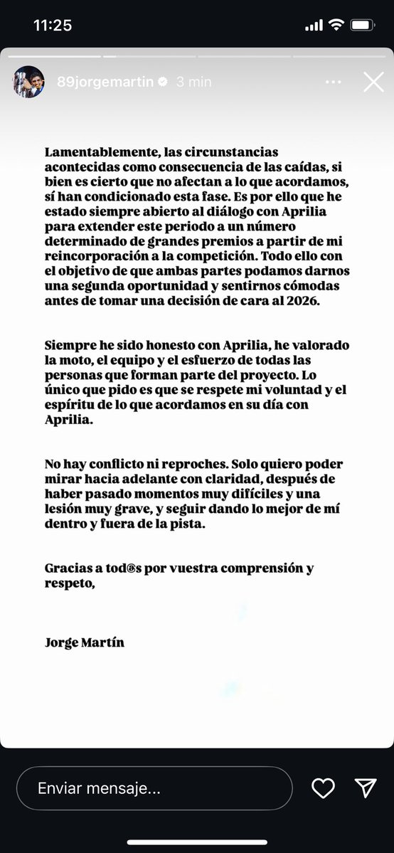 Natacha Alfageme (@natachaalfageme) on Twitter photo .<a href="/88jorgemartin/">Jorge Martín Almoguera</a> explica su versión de todo lo ocurrido:
“He decidido ejercer mi derecho a liberarme para la temporada 2026”.
#MotoGP .<a href="/88jorgemartin/">Jorge Martín Almoguera</a> explica su versión de todo lo ocurrido:
“He decidido ejercer mi derecho a liberarme para la temporada 2026”.
#MotoGP