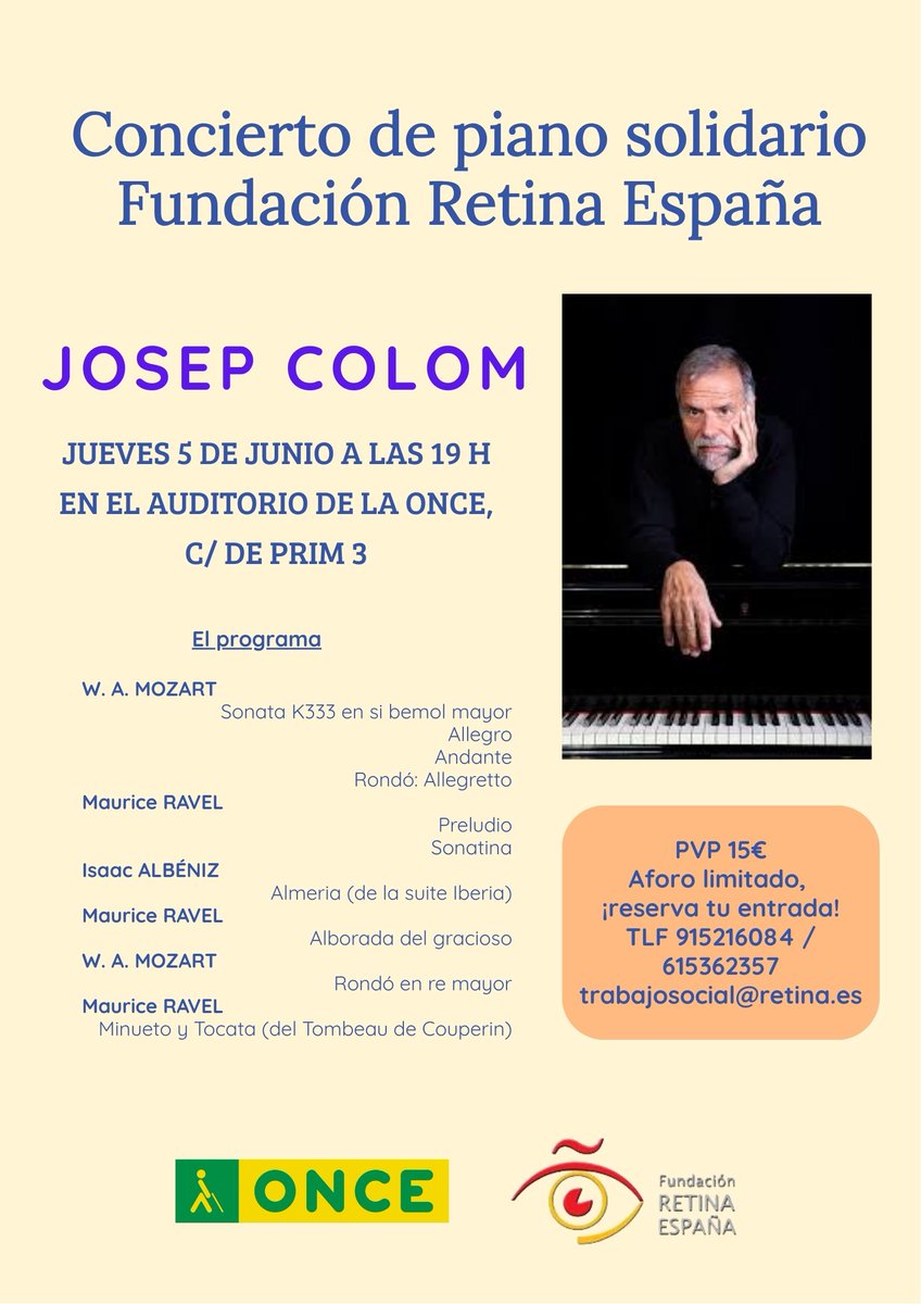 Concierto solidario cuya recaudación servirá para apoyar la investigación de las patologías visuales. El concierto de piano con el prestigioso Josep Colom tendrá lugar el próximo jueves 5 de junio a las 19 h en el auditorio de la ONCE sito en la calle Prim nº 3 de Madrid.