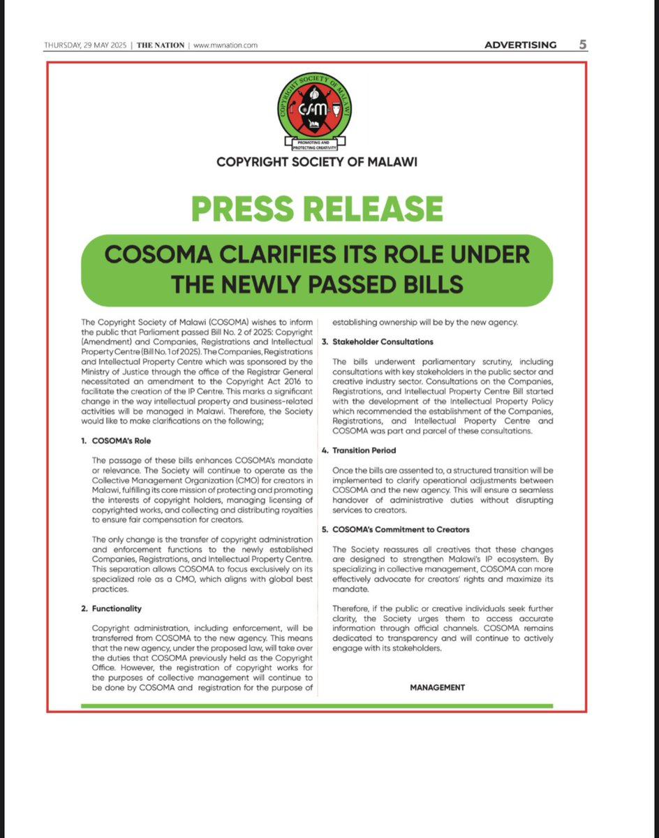 PRESS RELEASE

COSOMA CLARIFIES ITS ROLE UNDER THE NEWLY PASSED BILLS.