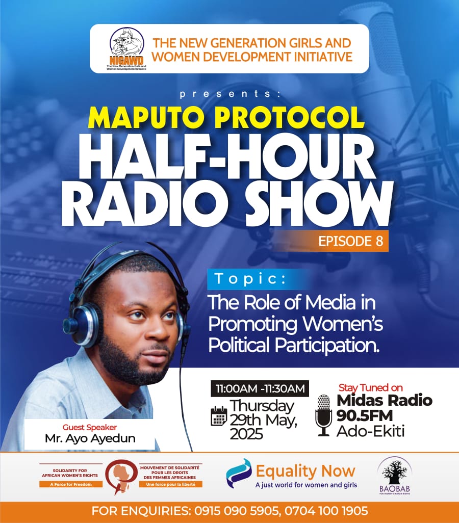 How can the media support women’s political power?
🎙️ MAPUTO PROTOCOL RADIO SHOW Ep. 8
🗓️ Thurs, May 29 | 🕚 11AM
📍 Midas Radio 90.5FM
Guest: Ayo Ayedun
#MaputoProtocol #WomenInPolitics #Girls