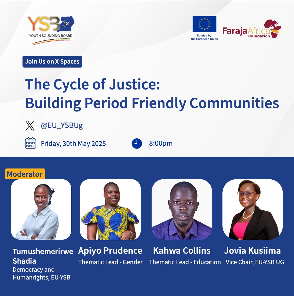 EU Youth Sounding Board in Uganda 🇪🇺🇺🇬 (@eu_ysbug) on Twitter photo In commemoration of Menstrual Hygiene Day 2025, we will be hosting <a href="/CollinKahwa/">@KahwaCollin</a> <a href="/JoviaKusiima_/">Jovia Kusiima</a> <a href="/TushemeririweK/">Tushemerirwe Shadia</a> <a href="/MontezPrudie/">prudence✨</a> on an X discussion exploring “How we to build Period friendly communities”
Set a reminder to attend: x.com/i/spaces/1rmxP…
#menstrualhygieneday2025 In commemoration of Menstrual Hygiene Day 2025, we will be hosting <a href="/CollinKahwa/">@KahwaCollin</a> <a href="/JoviaKusiima_/">Jovia Kusiima</a> <a href="/TushemeririweK/">Tushemerirwe Shadia</a> <a href="/MontezPrudie/">prudence✨</a> on an X discussion exploring “How we to build Period friendly communities”
Set a reminder to attend: x.com/i/spaces/1rmxP…
#menstrualhygieneday2025