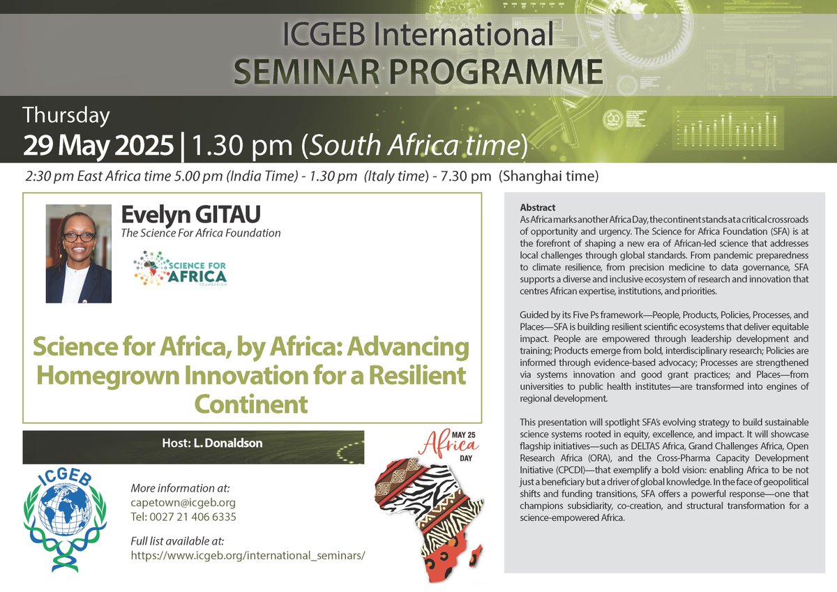 Evelyn Gitau (@evelyngitau) on Twitter photo As we mark #AfricaDay, join me this afternoon at the <a href="/ICGEB/">ICGEB Official</a> Seminar in my session: Science for Africa, by Africa; Advancing Homegrown Innovation for a Resilient Continent," as I spotlight how <a href="/SciforAfrica/">Science for Africa Foundation</a> is advancing homegrown #Science & #Innovation for a resilient #Africa. As we mark #AfricaDay, join me this afternoon at the <a href="/ICGEB/">ICGEB Official</a> Seminar in my session: Science for Africa, by Africa; Advancing Homegrown Innovation for a Resilient Continent," as I spotlight how <a href="/SciforAfrica/">Science for Africa Foundation</a> is advancing homegrown #Science & #Innovation for a resilient #Africa.