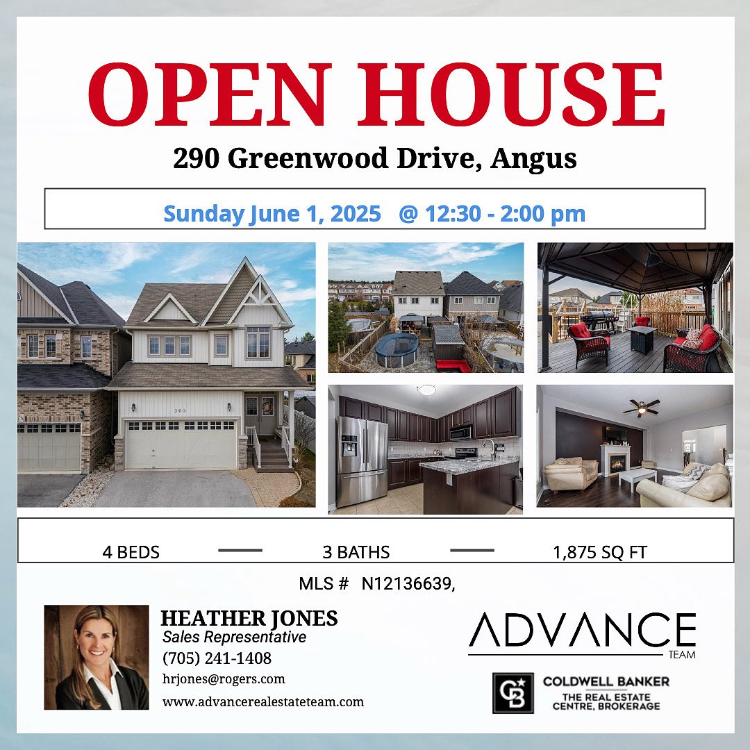 hrh66's tweet photo. ⭐️Open House Invitation⭐️

Join me for  an exclusive tour of your dream home at :
🏡 290 Greenwood Drive**
📆 Sunday June 1st 
🕰️ 12:30-2pm

#heatherjonesrealestate #innisfilrealtor #angusrealestate #TheAdvanceTeam #coldwellbankertrec #forsale #openhousesunday #openhouse https://t.co/uc83i8aACo