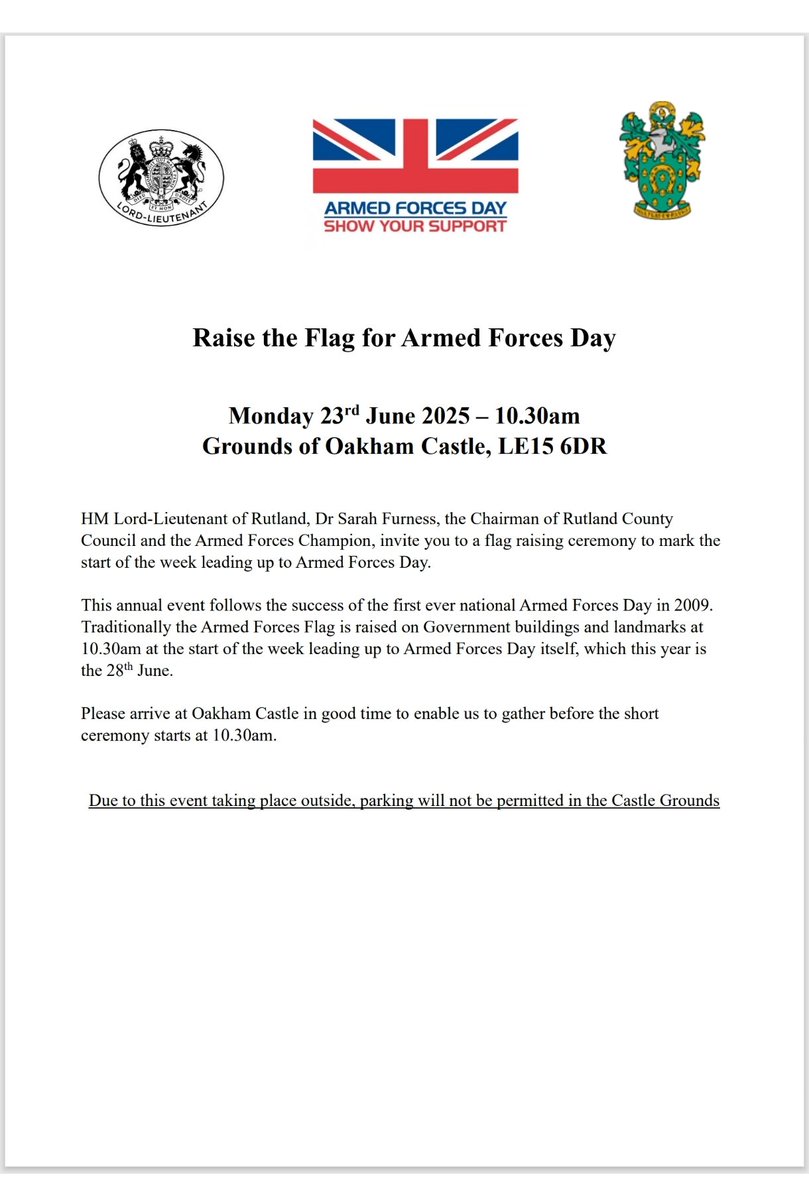 Armed Forces Day Flag raising event - Oakham Castle - 23rd June - 10:30am.