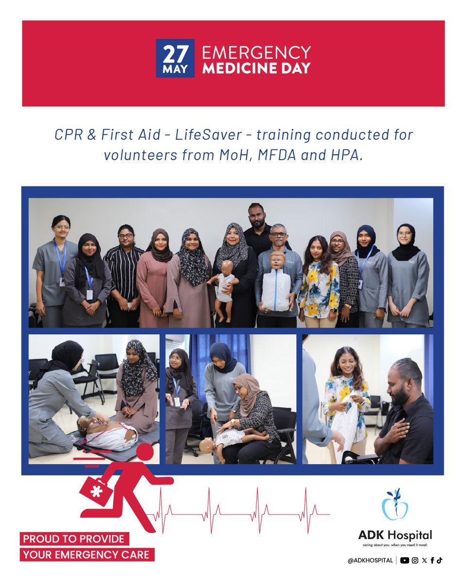 ADK Hospital (@adkhospital) on Twitter photo In celebration of <a href="/EmergencyDay/">Emergency Medicine Day</a> volunteers from <a href="/MoHmv/">Ministry of Health</a> , <a href="/MFDA_mv/">MFDA</a> , and <a href="/HPA_MV/">Health Protection Agency</a> participated in a CPR & First Aid – LifeSaver – training session.
#ADKHospital #EmergencyMedicine #HealthCare In celebration of <a href="/EmergencyDay/">Emergency Medicine Day</a> volunteers from <a href="/MoHmv/">Ministry of Health</a> , <a href="/MFDA_mv/">MFDA</a> , and <a href="/HPA_MV/">Health Protection Agency</a> participated in a CPR & First Aid – LifeSaver – training session.
#ADKHospital #EmergencyMedicine #HealthCare