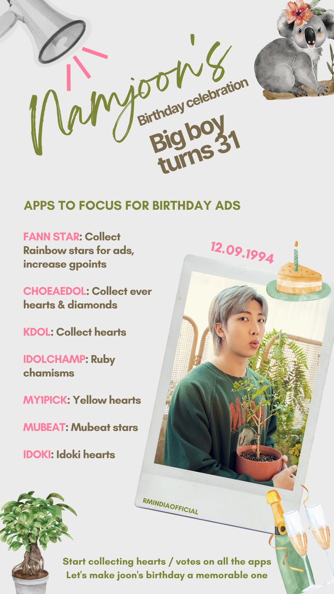 RMIndiaOfficial's tweet image. Important announcement 📢
We begin with Namjoon's 31st birthday celebration in advance..
This year the voting apps to focus for birthday ads 👇
Download all the apps & start collecting from today!
If we prepare now we can achieve more ads for his birthday this year, remember…