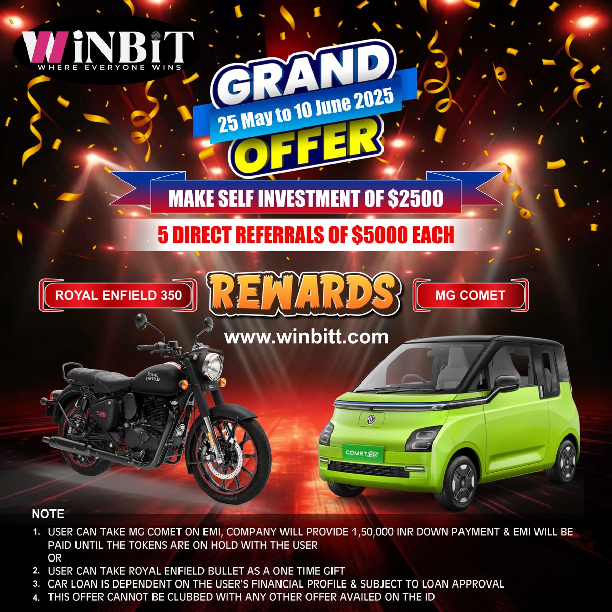 WinBitFintech's tweet photo. π GRAND OFFER ALERT! π
ποΈ Royal Enfield 350 or π MG Comet β what will YOU choose?
Offer valid 25 May to 10 June 2025 β Don't miss your chance to ride or drive into success!
π Visit now: https://t.co/KkRZ37NHkq
#WinBit #GrandOffer #RoyalEnfield #MGComet #CryptoRewards https://t.co/KOJF3WA958