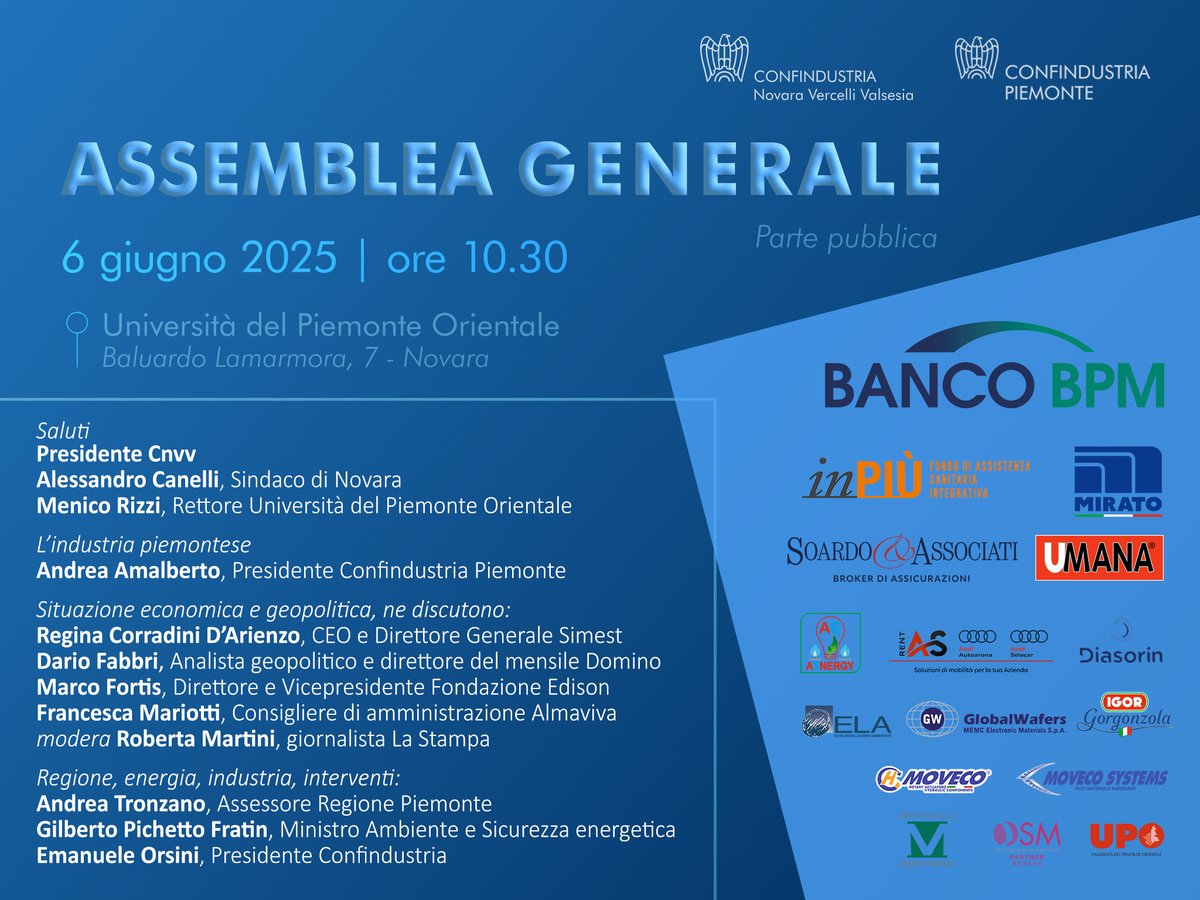 🎯 Confindustria Piemonte, in collaborazione con Confindustria Novara Vercelli Valsesia organizza la sua prima Assemblea annuale il 6/06 ore 10:30 presso Università del Piemonte Orientale – Novara.

Scopri di più: lnkd.in/dSNSavQN