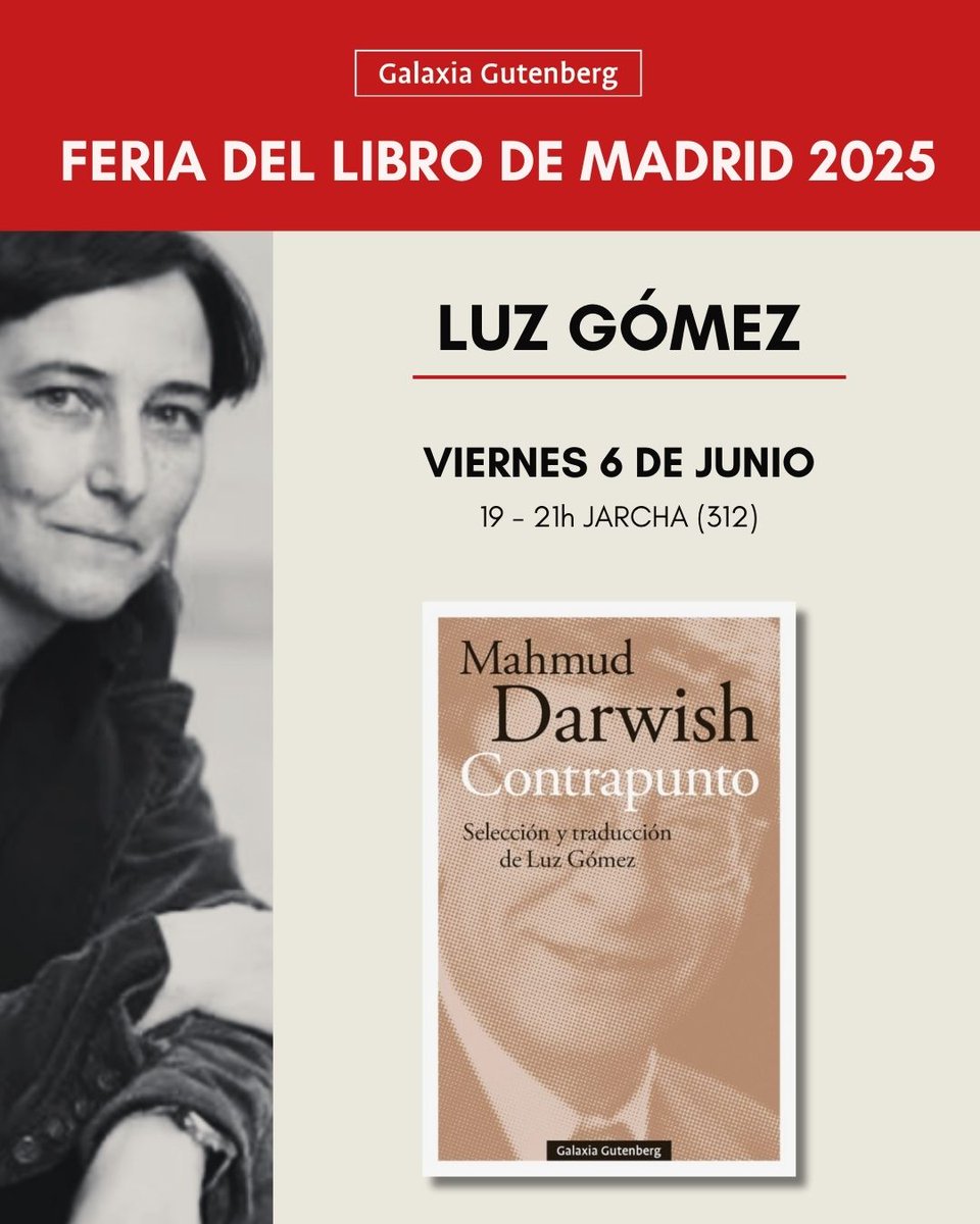 Galaxia Gutenberg (@g_gutenberg) on Twitter photo ✍️ Luz Gómez estará en la <a href="/FLMadrid/">Feria del Libro de Madrid</a>, presentando #Contrapunto, la poesía de Mahmud Darwish. ✍️ Luz Gómez estará en la <a href="/FLMadrid/">Feria del Libro de Madrid</a>, presentando #Contrapunto, la poesía de Mahmud Darwish.