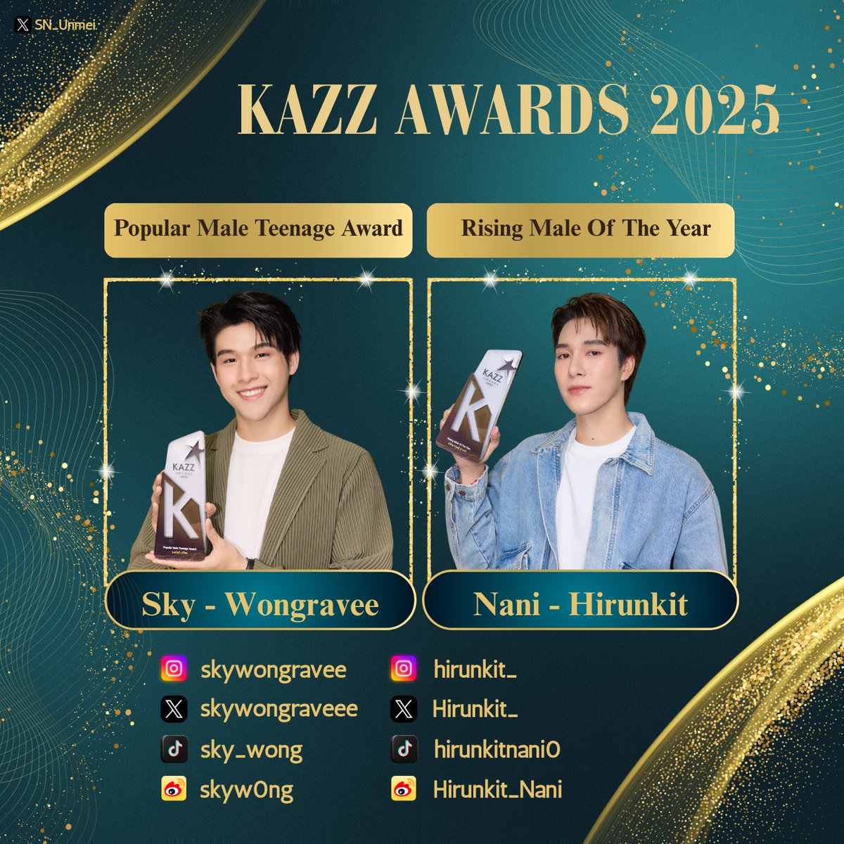SN_Unmei's tweet photo. 🌟 ขอแสดงความยินดี กับสองหนุ่มสุดฮอตแห่งปี!
สกาย-วงศ์รวี นทีธร และ นานิ-หิรัญกฤษฎิ์ ช่างคำ กับรางวัลจากเวที KAZZ Awards 2025 🎊

🩵 สกาย วงศ์รวี – คว้ารางวัล Popular Male Teenage Award
หนุ่มหล่อหน้าใสที่ยังคงครองใจแฟนๆ อย่างเหนียวแน่น! เสน่ห์ล้นทะลุจอจริงๆค่ะ 

🩷 นานิ หิรัญกฤษฎิ์ – คว้ารางวัล Rising Male Of The Year
ดาวรุ่งพุ่งแรงที่สุดแห่งปี ความส���มารถจัดเต็ม และมีเสน่ห์ที่ไม่ธรรมดา! ภูมิใจในตัวน้องมากๆ

ความสามารถ ความมุ่งมั่น และเสน่ห์ที่ไม่ธรรมดาของทั้งสองคน ทำให้แฟนๆต่างชื่นชมและยอมรับอย่างเต็มหัวใจ ขอให้เส้นทางในวงการบันเทิงของทั้งคู่เจิดจรัสยิ่งขึ้นในทุกๆก้าว พวกเราจะคอยซัพพอร์ต และอยู่เคียงข้างเสมอครับ ��🏻✨

#KAZZAWARDS2025
#สกายนานิ #SkyNani
#skywongravee #hirunkit_