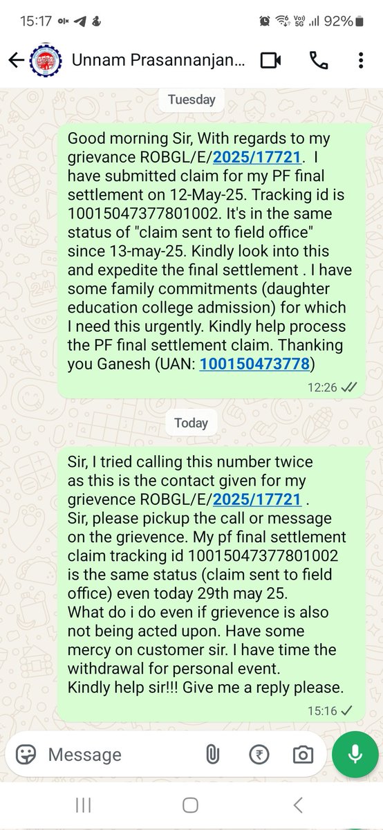 gr66511's tweet photo. @socialepfo @epfobngcentral @socialepfo  further i have filled a grievence ROBGL/E/2025/17721 on the delay in progress. Even there is no response.  Attached messages to the contact given in the Grievanves https://t.co/RqRlsKVIR8