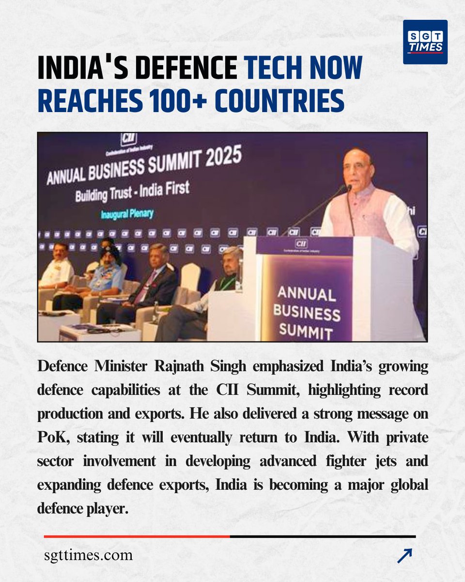 SGTTimes's tweet image. India crosses ₹1.46 lakh crore in defence production! Raksha Mantri says PoK is part of India and will return. 
#DefenceUpdate #RajnathSingh #MakeInIndia #OperationSindoor #IndiaDefence #PoKIsIndia #AMCAProject #IndiaFirst #DefenceExports #IndianAirForce #NationalSecurity