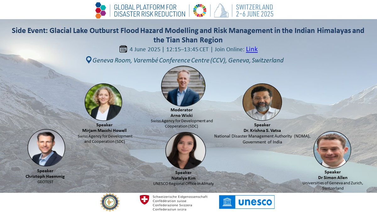 SwissEmbassyIND's tweet photo. The tragic glacier collapse in Blatten 🇨🇭(28 May) shows why #GLOF risk matters now more than ever.
Join our side event at #GP2025 on 4 June in Geneva to explore how 🇨🇭🇮🇳🇰🇿 partnerships are advancing early warning &amp; low-cost solutions.
🗓️Info &amp; link: Join👉 https://t.co/xixpaTvsQD https://t.co/5Syhr8LQRe