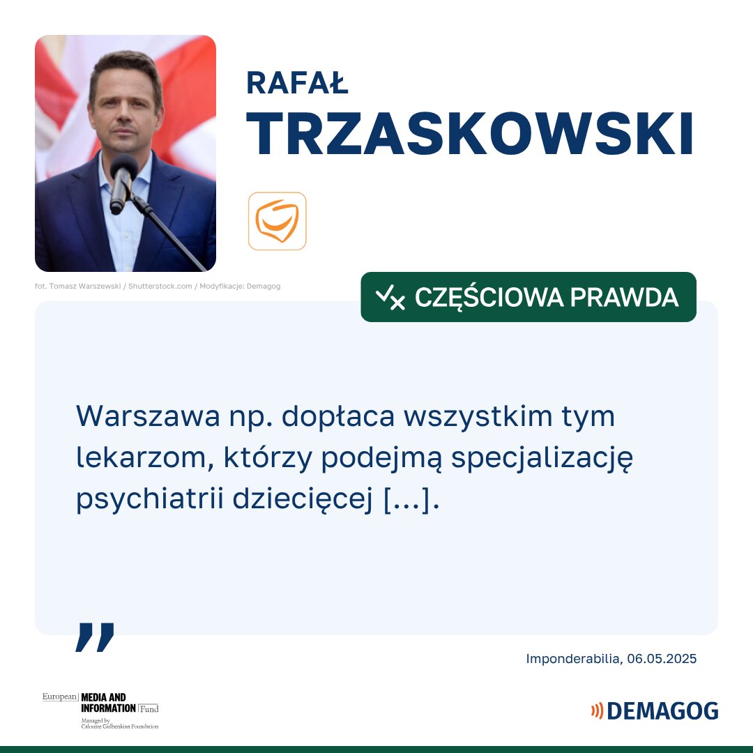🔎 DEMAGOG (@demagogpl) on Twitter photo 🔎 Podczas rozmowy z <a href="/karolpaciorek/">Karol Paciorek</a> <a href="/trzaskowski_/">Rafał Trzaskowski</a> mówił o tym, że Warszawa dopłaca psychiatrom dziecięcym.
W dniu premiery odcinka brakowało nam informacji, aby zweryfikować tę wypowiedź. Po otrzymaniu szczegółów od urzędu miasta oceniamy ją jako 🟢 #częściowaprawda.
🏥 W 🔎 Podczas rozmowy z <a href="/karolpaciorek/">Karol Paciorek</a> <a href="/trzaskowski_/">Rafał Trzaskowski</a> mówił o tym, że Warszawa dopłaca psychiatrom dziecięcym.
W dniu premiery odcinka brakowało nam informacji, aby zweryfikować tę wypowiedź. Po otrzymaniu szczegółów od urzędu miasta oceniamy ją jako 🟢 #częściowaprawda.
🏥 W