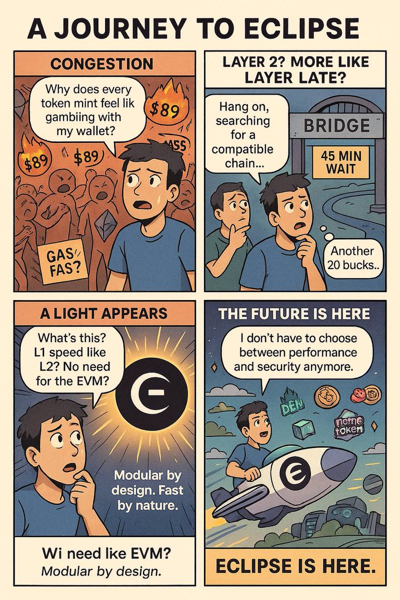 yezjaime's tweet image. Comic: “A Journey to Eclipse”
Ethereum’s congestion. Slow L2s.
Then came Eclipse modular, fast, secure.
L2 speed, L1-grade security.
ECLIPSE IS HERE. @EclipseFND Everything! 
#Eclipse #ModularL2 #SVM #CryptoComic